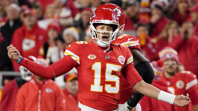 Dec 10, 2023; Kansas City, Missouri, USA; Kansas City Chiefs quarterback Patrick Mahomes (15) gestures to an official after a play against the Buffalo Bills during the second half at GEHA Field at Arrowhead Stadium. Mandatory Credit: Denny Medley-USA TODAY Sports  